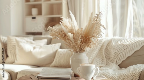 Pampas bouquet in a vase with cappuccino cup on the table near the sofa boho image 