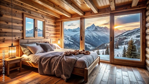 Cozy winter bed in a wooden chalet in the mountains , cozy, cocooning, comfort, warmth, wood, cabin, retreat, relaxation