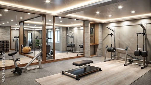 Home gym in the basement with workout equipment and mirrors, basement, home gym, workout, exercise, fitness