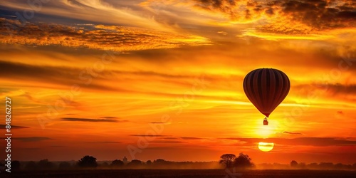 Vibrant sunset with hot air balloon and silhouette on orange sky, trendsetting, sunset,vibrant, hot air balloon