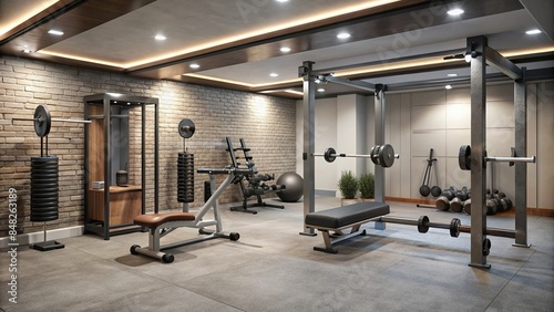 Home gym in the basement with exercise equipment and weights, basement, home gym, fitness, workout, exercise, equipment