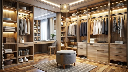 Luxurious Scandinavian wood walk-in closet with wardrobe and makeup table , rendering, elegant, modern