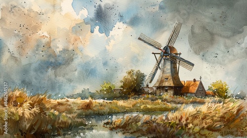Artistic painting of rural countryside scene with traditional windmill at waterfront