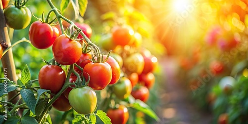 Luscious ripe tomatoes growing in a sunlit garden , organic, agriculture, tomatoes, vine, healthy, fresh, ripe, red, garden