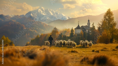 A herd of sheep with shepherd in countryside with scenic rural view at sunset.