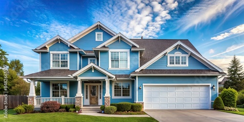 Blissful sky blue house blending harmoniously into suburban setting, sky blue, house, traditional, windows