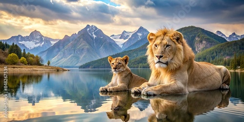 Lion and cub bonding on serene lake with majestic mountains in background, lion, cub, bonding, lake, mountains, nature