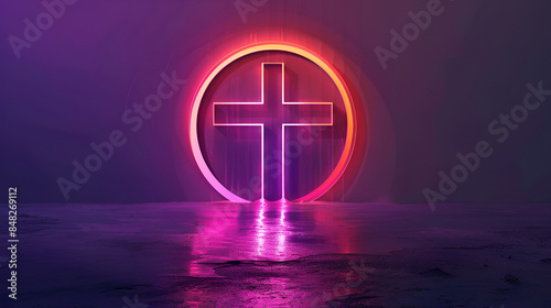 imagen de una cruz de Dios catolico cristiano rodeada con un circulo de luz fondo oscuro con espacio para copiar iluminado