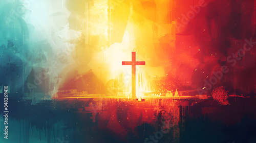 cruz de Cristo católica en medio de un fondo pintado con colores fuertes brillantes cruz rodeada de fuego vivo cuadro con espacio para copair