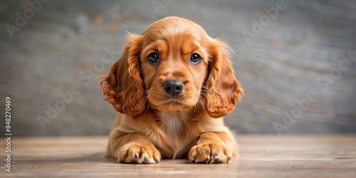 Cute red Cocker Spaniel puppy playing on background, Cocker Spaniel, puppy, red, happy, playing, top view, background, pet, animal, adorable