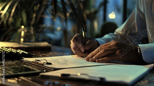 Manager signing contract, emphasizing precise focus using aperture f 2.8 for optimal clarity