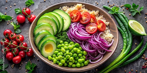 Healthy vegan lunch bowl with avocado, quinoa, tomato, cucumber, red cabbage, green peas