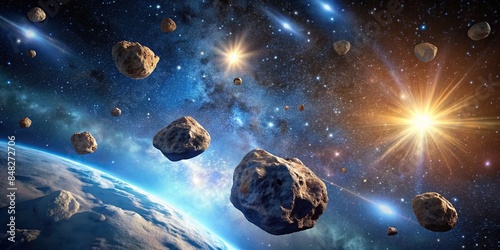 Flying asteroids cut out against a starry sky background, asteroids, space, stars, celestial, flying, cut out, isolated