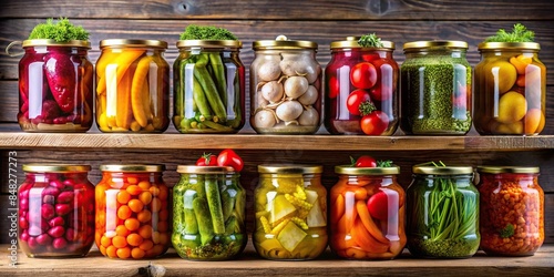 Vibrant display of pickled vegetables in glass jars on wooden shelf, pickling, vegetables, preserved, glass jars