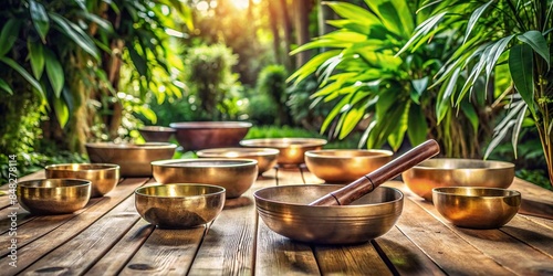 Singing Tibetan bowls on a wooden floor surrounded by green plants , meditation, relaxation, sound therapy, mindfulness
