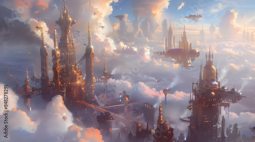A steampunk metropolis with towering clockwork skyscrapers and brass-plated airships, rising above the clouds in a sky filled with steam-powered cumulus clouds