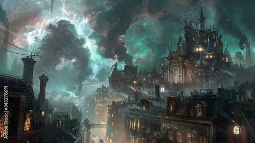 A time-traveling steampunk city with Victorian-era buildings and futuristic steam-powered contraptions, existing outside of time beneath a sky filled with swirling temporal clouds