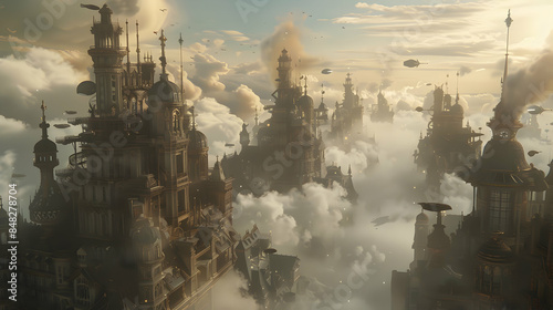 A time-traveling steampunk city with Victorian-era buildings and futuristic steam-powered contraptions, existing outside of time beneath a sky filled with swirling temporal clouds