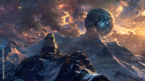 A top a mountain peak, an observatory in a fantastical realm gazes into the cosmos, seeking secrets hidden among the stars