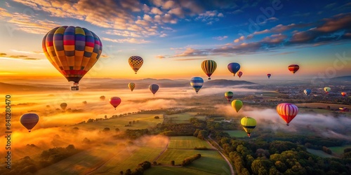 Aerial view of hot air balloons drifting in the sky at dawn , hot air balloons, aerial view, sky, dawn, flying, colorful