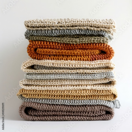 Stack of Knitted Blankets in Various Earth Tones Displayed Against a Neutral Background