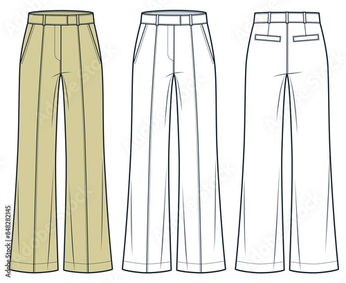 Classic Pants technical fashion illustration. Wide Leg Pants fashion flat technical drawing template, front stripe, front arrow, front and back view, white, yellow, women, men, unisex CAD mockup set.