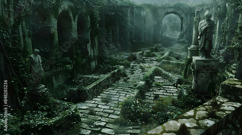 An ancient maze of weathered stone pathways, overgrown with creeping vines and watched over by stoic statues, lies in the heart of a fantastical realm