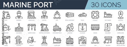 Set of 30 outline icons related to marine port. Linear icon collection. Editable stroke. Vector illustration