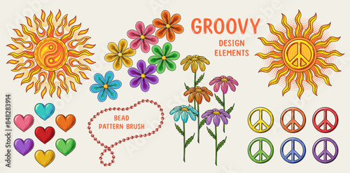 Set of illustrations of sun, colorful chamomile flowers, heart, peace sign, bead pattern brush. Groovy hippie vintage style.