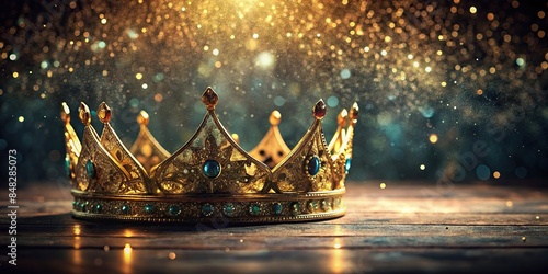 Low key image of a beautiful queen or king crown on a glitter table in a fantasy medieval setting , crown, queen, king