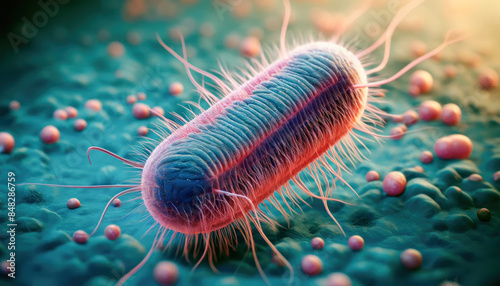  Microscopic illustration of a Single Bacterium on a blue Surface. Elongated shape and hair-like appendages are highlighted. Detailed illustration of Escherichia coli. E. coli bacteria