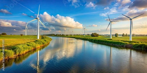 Wind turbines near a river generating renewable energy, wind turbines, river, ecology, environment, sustainable