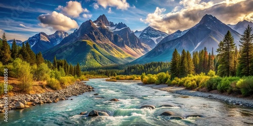 River flowing through a majestic mountain range , nature, landscape, mountains, river, water, flowing, scenic