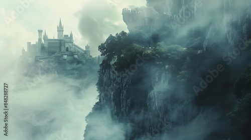 In a fantastical landscape, a grand fortress sits atop a craggy cliff, encircled by swirling mists and ancient woodland