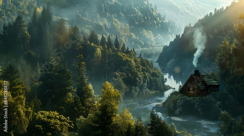 In the forefront lies a snug cabin tucked amidst a dense forest, wisps of smoke gracefully rising from its chimney, while a meandering river gracefully traverses the landscape