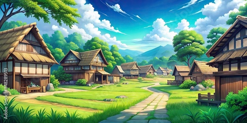 Anime style village with grass and wood elements, Anime, village, grass, wood, nature, landscape, scenic, rural