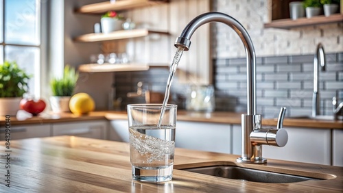 Water pouring from tap into glass in a kitchen , hydration, refreshment, clean, purity, drinking water, kitchen, faucet