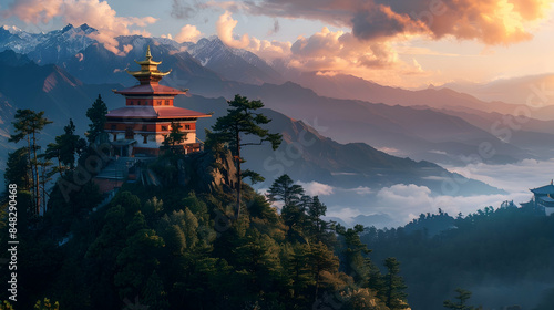 Upon a serene mountaintop, a temple stands in silent contemplation, its architecture a testament to spiritual devotion amidst the grandeur of nature's majesty