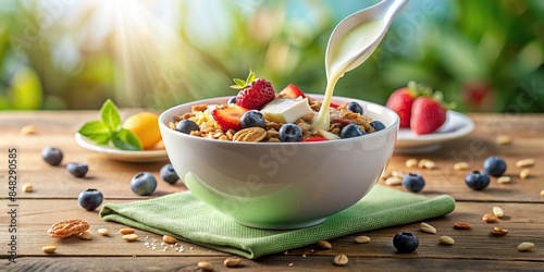 Healthy breakfast with muesli and fruits, splash of milk pouring into bowl , nutritious, granola, breakfast, diet, healthy, food