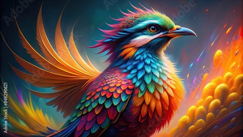 A majestic and colorful bird symbolizing rebirth and immortality, phoenix, mythological, fire, feathers