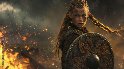 A shieldmaiden's intense gaze pierces through a storm of embers, reflecting her fierce and valiant norse warrior essence