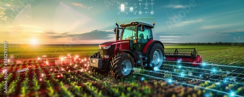 Futuristic smart farming concept with a tractor in a field overlaid with digital graphics and glowing lines