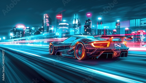 High-speed racing car with bright neon and futuristic aesthetics on a blurry city track at night
