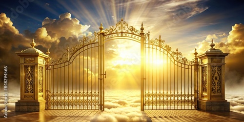 Golden gates of heaven glowing with divine light, heaven, gates, golden, glowing, light, celestial, sky, entrance