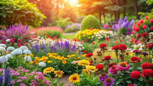 Colorful flowers blooming in a lush garden , garden, blooming, vibrant, colorful, nature, flora, petals, greenery, botany