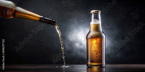 Close-up of beer pouring from bottle on dark background, leaking alcohol. Drinks concept, beer, pouring, bottle