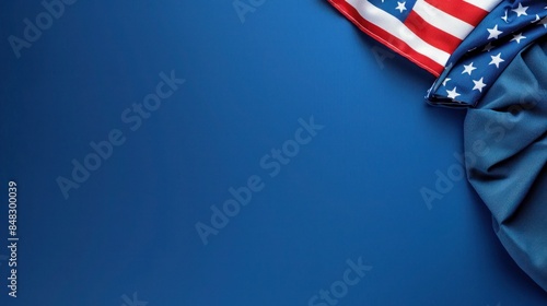 plain cobalt blue background with a USA flag theme in the corner and copy space for text on the top