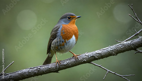 American Robin Perched on Textured Tree Branch with Bokeh Background and Natural Lighting