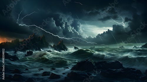 A stormy coastline with dramatic lightning striking the ocean, turbulent waves crashing against rocky cliffs, and dark, ominous clouds in the sky