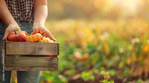A person farmer is holding a wooden crate full of harvest pumpkins vegetables